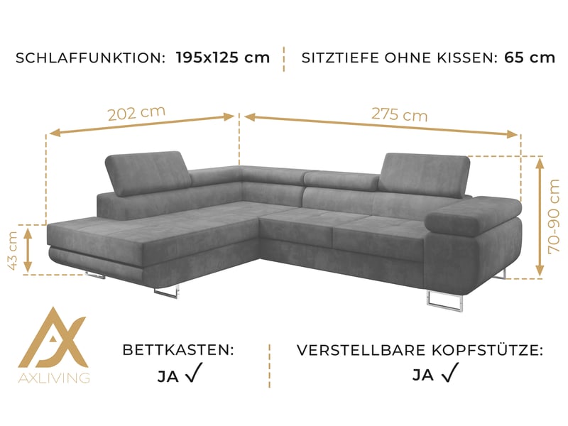  Canapé d’angle kanya gris clair 275 cm convertible avec coffre gauche Kanya - Conforama D