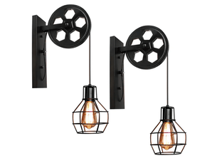 Lot de 2 appliques murales industrielles vintage poulie – luminaire intérieur pour chambre, salon et restaurant, noir