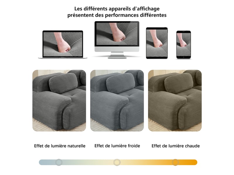 Canapé modulaire u en velours côtelé,32d élastique,base anti-dérapant,repose-pieds amovibles,accueil d'animaux - salonbureau,gris 298x178x75cm - Conforama A