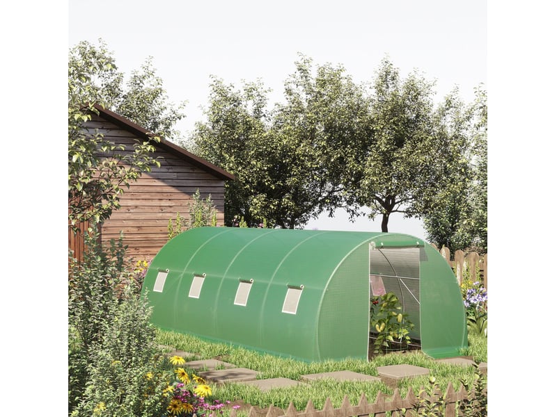  Serre tunnel de jardin 600 x 300 x 200 cm – verte – 8 fenêtres enroulables, porte zippée et structure acier  - Conforama B
