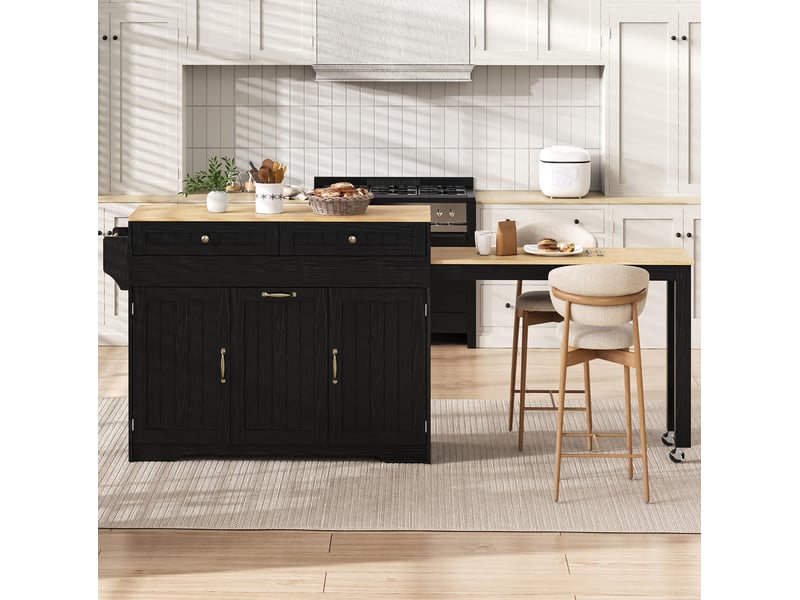 Desserte de cuisine avec 2 tiroirs, 2 portes, table coulissante et rangement pour poubelle, en mdf noir et naturel  - Conforama E