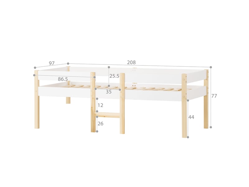  Lit enfant mi-hauteur 90x200 cm en bois avec barrières, échelle, blanc et chêne  - Conforama C