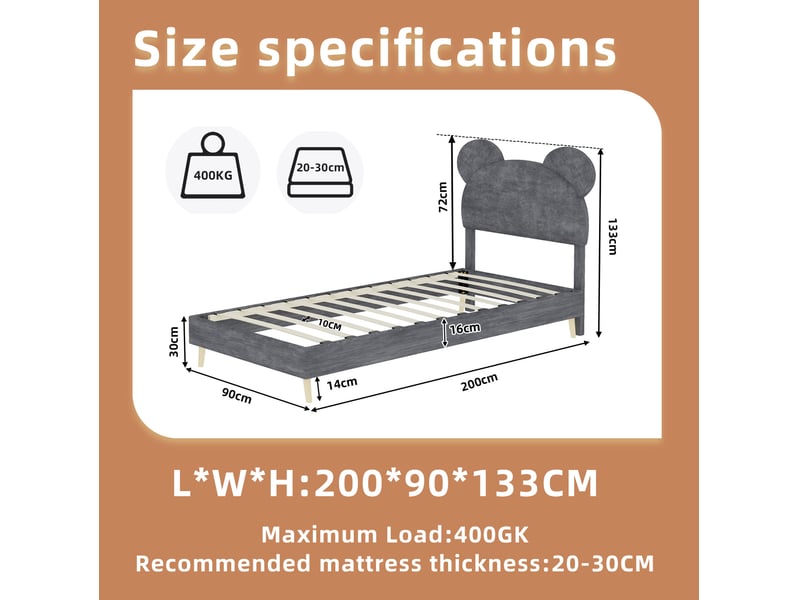  Lit enfant 90 × 200 cm 1 place avec rangement hydraulique et tête de lit rembourrée, sans matelas, tissu gris  - Conforama D