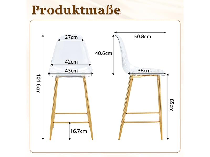  Tabouret de bar transparent avec repose-pieds et base métallique, design moderne en plastique doré  - Conforama E