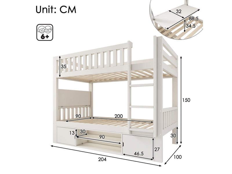 Lit superposé enfant blanc 90x200 cm plateau table rabattable étagère chaussures intégrée sommier lattes tout-en-un certifié - Conforama C
