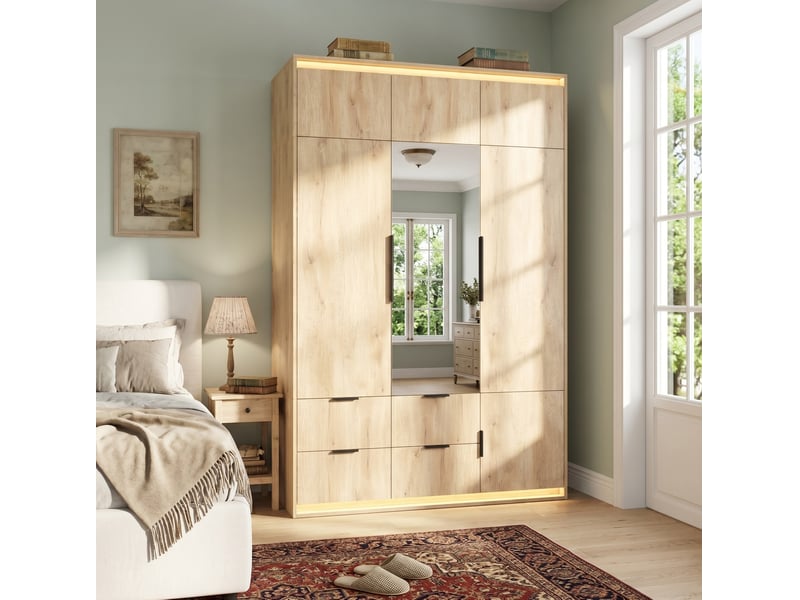  Armoire 3 portes tcqpz avec miroir led 135 x 47 x 200 cm 4 tiroirs mdf décor chêne  - Conforama D