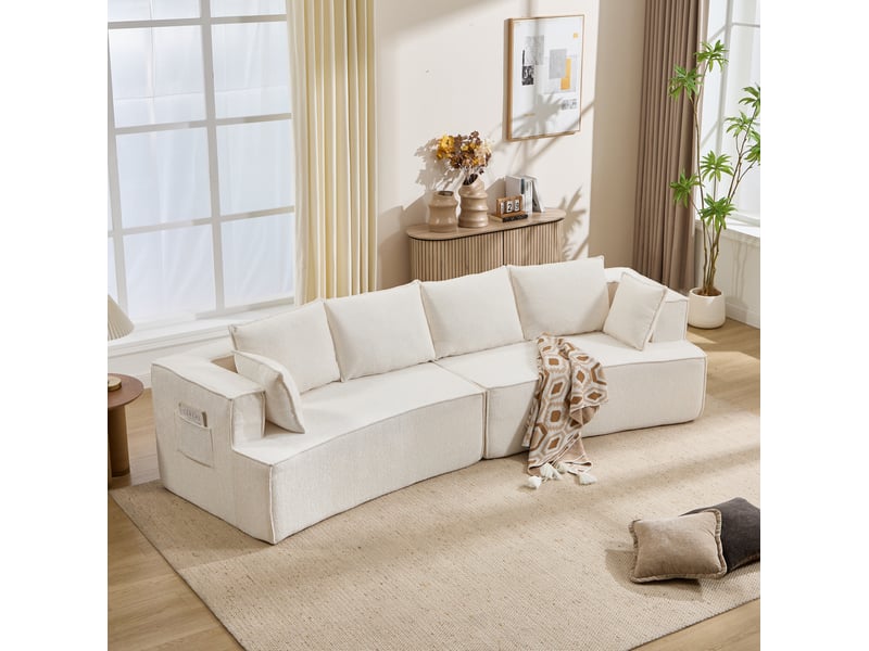  Canapé modulaire 4 places avec assise profonde ressorts et coussins forme incurvée en velours blanc 302 × 115 × 65 cm  - Conforama B