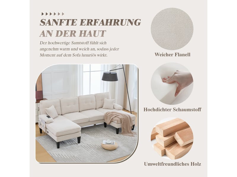  Canapé en u 4 places en lin beige avec deux méridiennes et rangement latéral intégré pour salon  - Conforama E