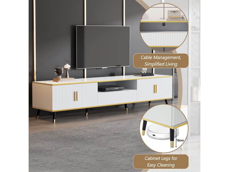  Meuble tv 200 cm extra large - plateau effet marbre, gestion câbles intégrée &amp; pieds dorés - pour tv 90 - blanc moderne  - Conforama W