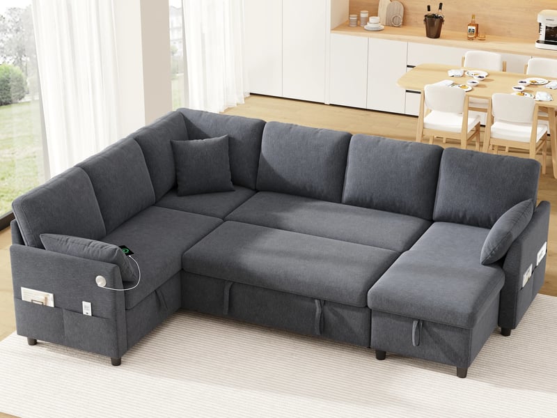  Canapé d'angle convertible ,6 places avec méridienne, port usbtype-c,255 x 196 x 85 cm,gris  - Conforama B