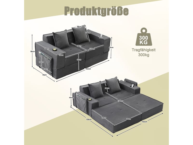 Canapé pouf 2 places 162×78×66 cm avec 2 coussins et poches de rangement - velours côtelé gris foncé - Conforama D
