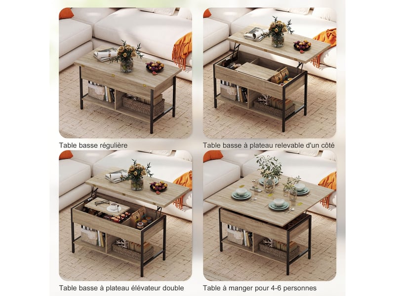 Table basse relevable et extensible, table de salon avec compartiment caché étagères ouvertes, 98x49x55cm, bois naturel  - Conforama D