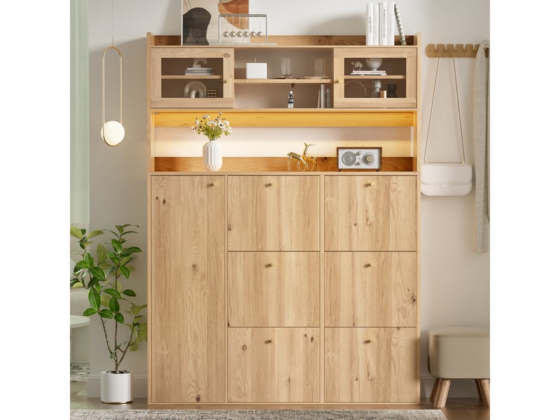  Meuble à chaussures étroit avec porte et led, 130x25x180 cm, panneau de particules couleur naturel  - Conforama W