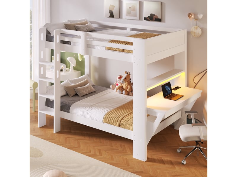  Lit superposé 90 x 200 cm, bureau, prise électrique, bande led, structure en bois de pin, blanc Bliss Lite - Conforama E