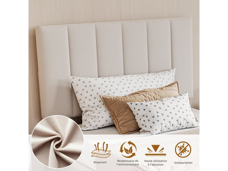  Lit simple coffre hydraulique 90x200 cm, cadre rembourré avec sommier à lattes, tissu lin beige, lit pour chambre d'enfant et adolescent  - Conforama E
