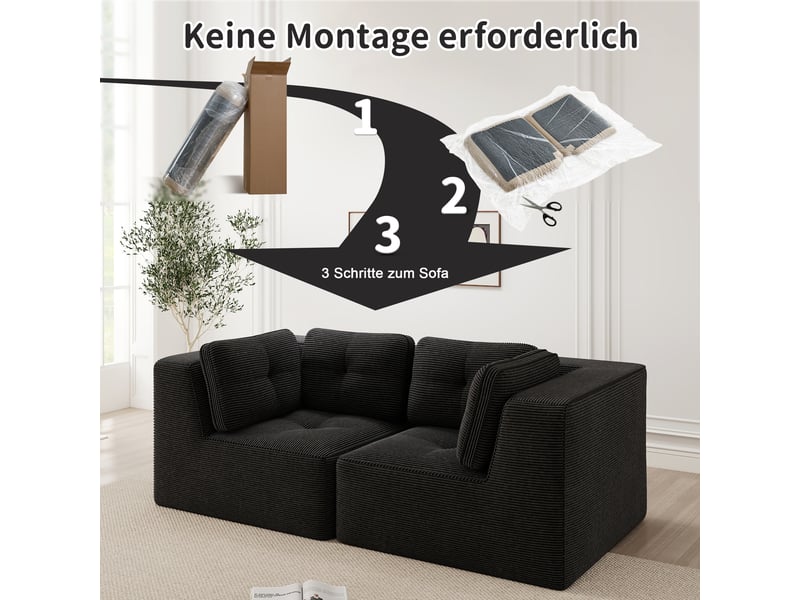  Canapé d'angle modulable 2 places en velours côtelé noir, sans montage, assise profonde, design sans cadre  - Conforama W