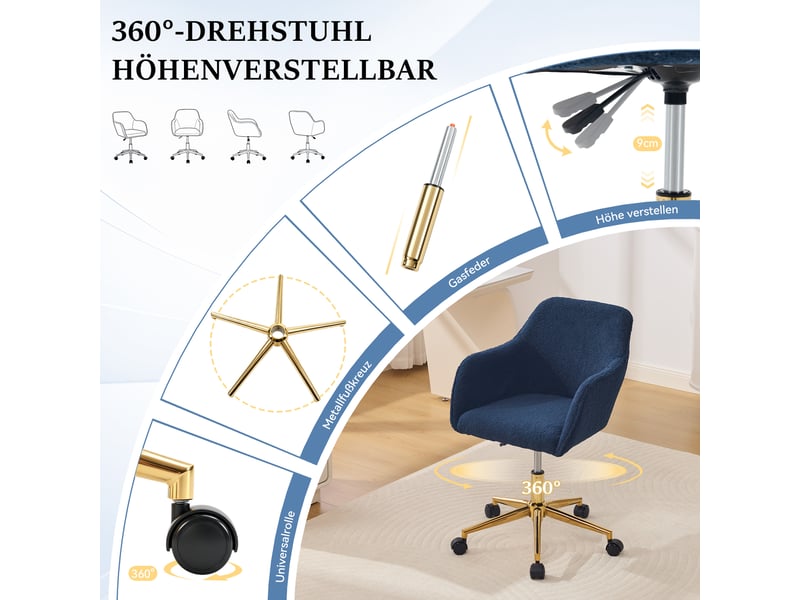  Chaise de bureau pivotante 360° réglable - lpospi - base dorée, tissu bouclette bleu foncé, 58 × 58 × 86 cm  - Conforama E