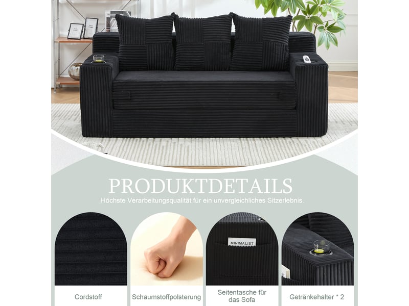 Canapé modulable noir en velours côtelé, structure sans accoudoirs, confort mousse mémoire, idéal salon moderne - Conforama D