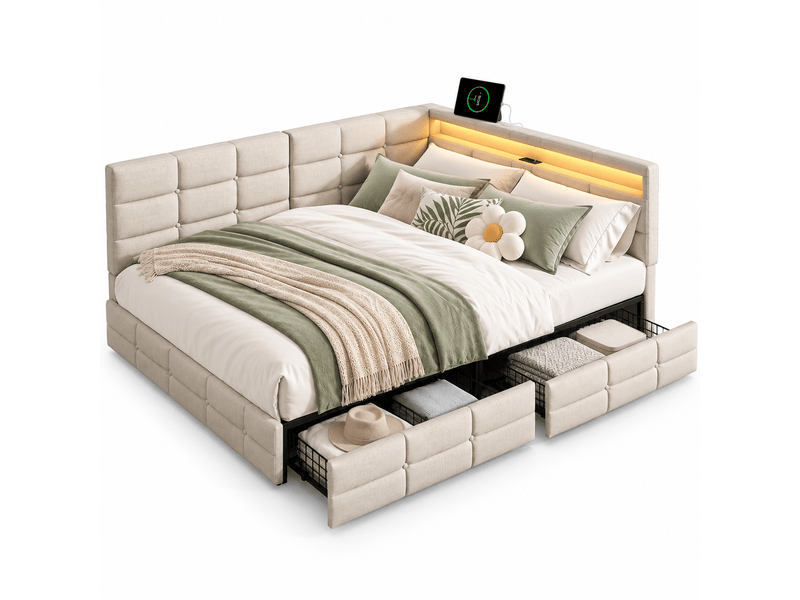 Canapé lit rembourré 140x190 avec led et port usb tpye-c, lit double avec 2 tiroirs et nombreux rangements, sommier à latte, beige - Conforama A