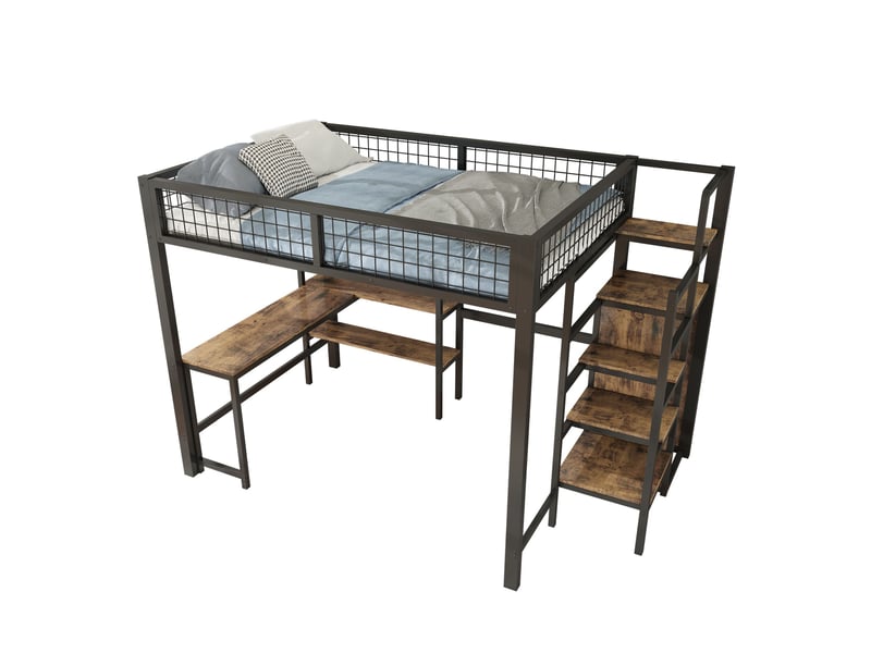  Lit mezzanine noir et marron 140x200cm avec rangement, échelle, sécurité renforcée, gain de place - fer et mdf - pour enfant ado  - Conforama A