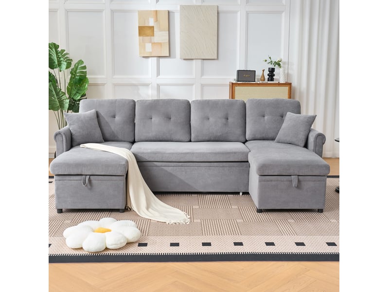  Canapé d’angle en u convertible 4 places, rangement, chenille gris, assise profonde  - Conforama D