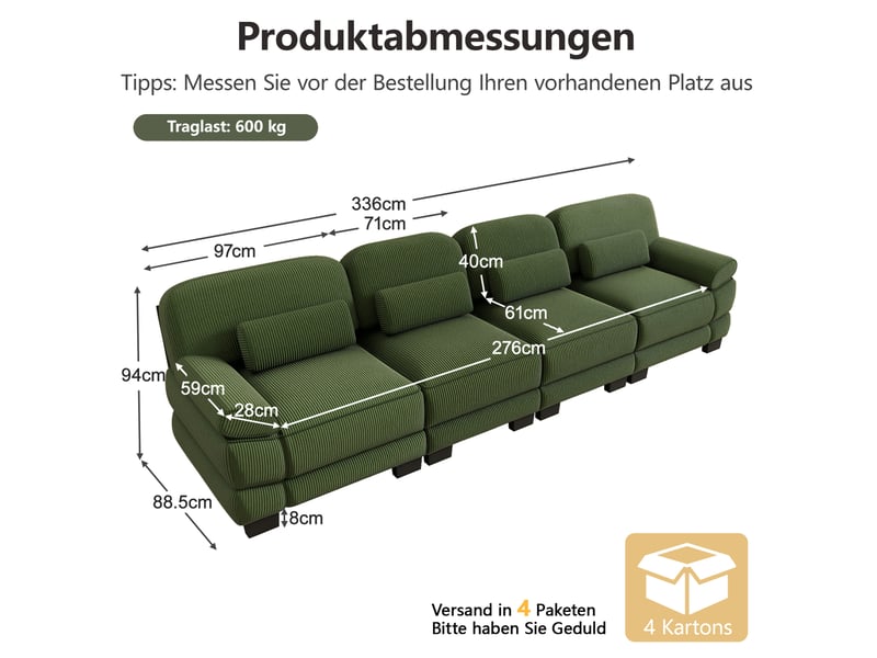  Canapé modulaire 4 places 336x88,5x94 cm, coussins lombaire,s connecteurs, structure stable, velours côtelé vert  - Conforama C