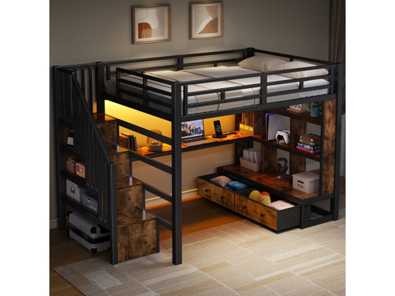  Lit mezzanine en métal noir 140x200 cm avec bureau intégré, étagères, 2 tiroirs et escalier de rangement  - Conforama B