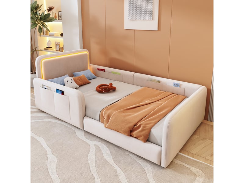 Lit enfant 90x200 cm rembourré avec led pilotable par application, lit simple avec tête de lit éclairée et poches latérales, beige OPULERANE TRADING LTD - Conforama D