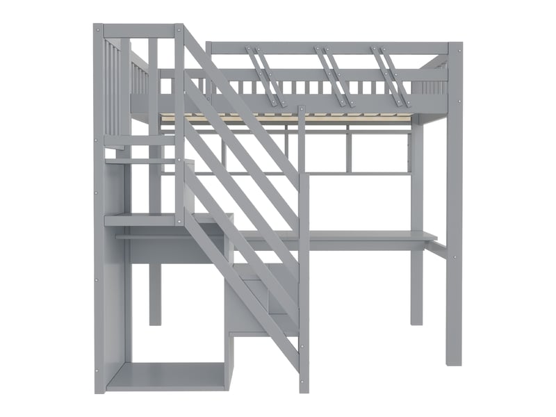 Lit simple 90×200 cm en bois massif avec bureau, led, usb et escalier rangement, gris - Conforama E