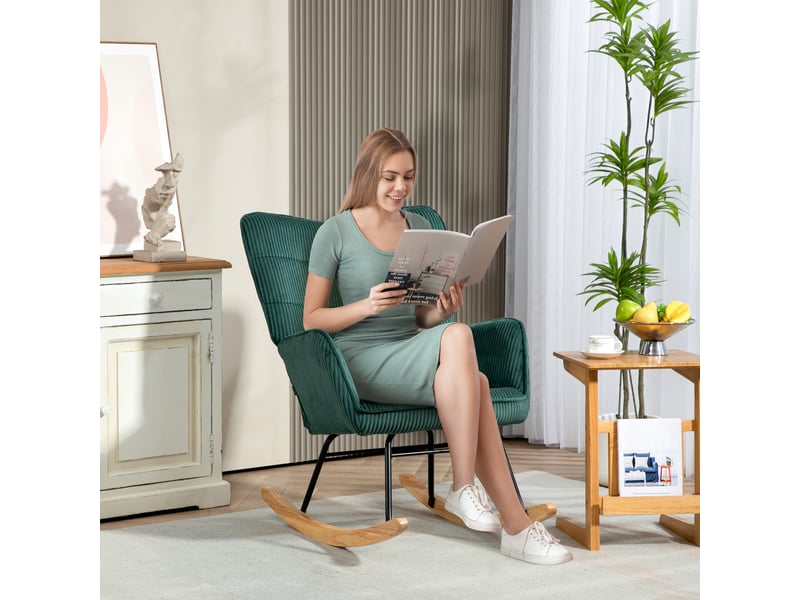  Fauteuil à bascule vert foncé en velours côtelé avec accoudoirs, fauteuil de relaxation pour salon et chambre, charge 120 kg  - Conforama B
