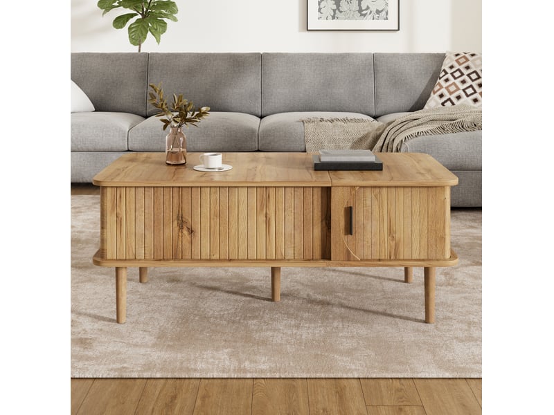  Table basse relevable 100x48x55,5 cm en MDF, finition naturelle, au design rétro moderne  - Conforama E