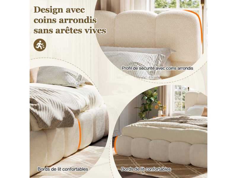  Lit coffre hydraulique avec grand rangement, bouclé blanc, sommier inclus, 200 x 200 cm  - Conforama E