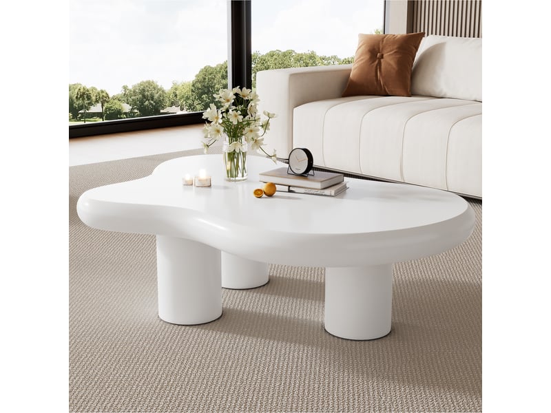 Table basse nuage blanche en mdf 97x67x32 cm, table de salon irrégulière avec patins en feutre pour salon moderne  - Conforama W