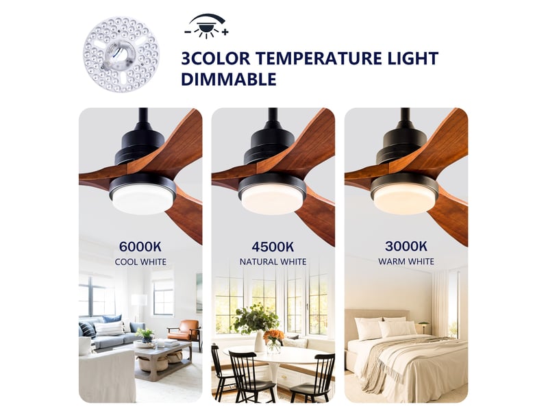 Ventilateur de plafond 107 cm éclairage led 3 couleurs dimmable bois massif noir et noyer foncé réversible télécommande silencieux - Conforama C