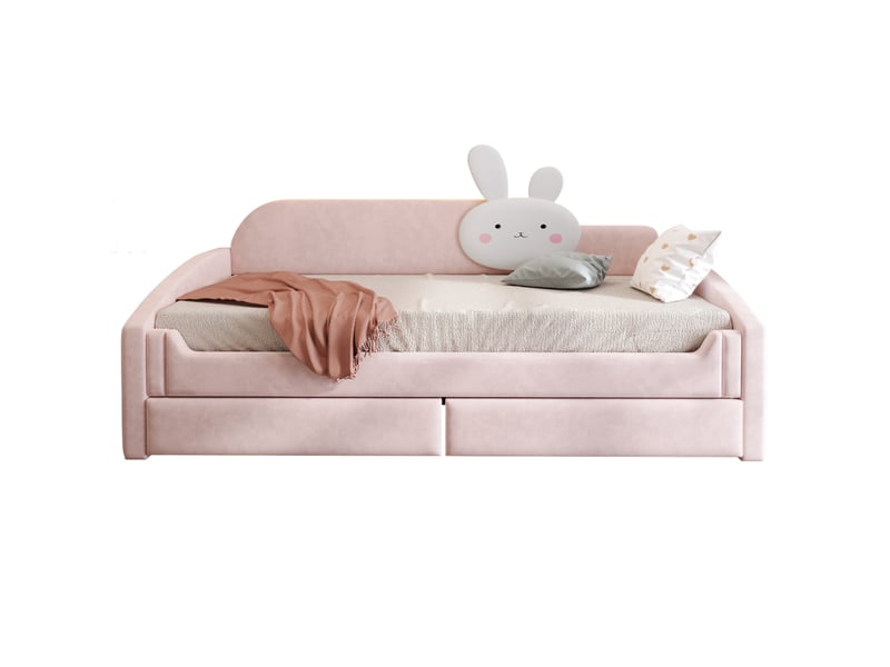 Lit banquette enfant 90x200 cm, 2 tiroirs, led, coussin lapin, rangement, mdf métal, tissu velours, rose, sans matelas  - Conforama A