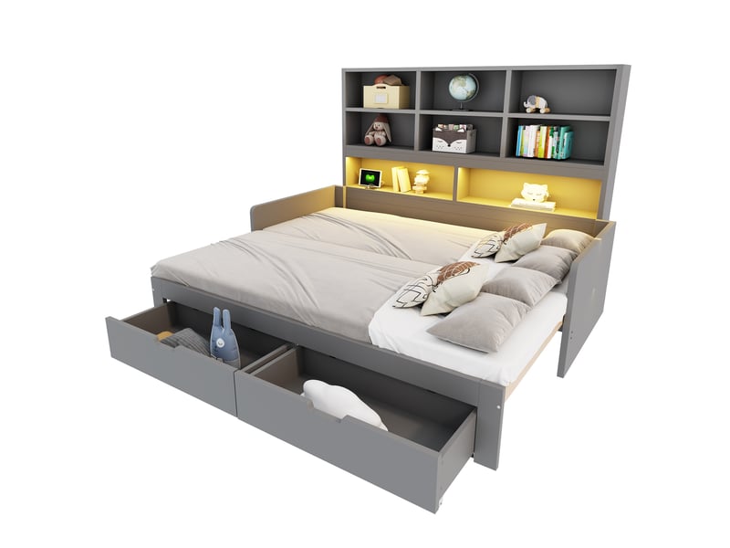 Lit banquette 90x200 cm extensible 180 cm avec rangement led et prises, mdf gris, sans matelas - Conforama A