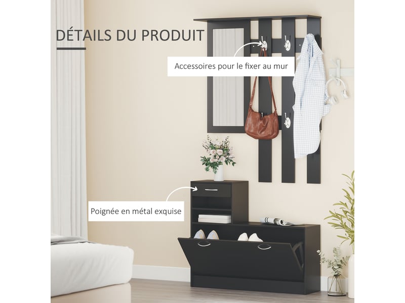  Ensembles 3 en 1 de meuble d'entrée vestiaire avec porte-manteau panneau, miroir et banc à chaussures noir  - Conforama E