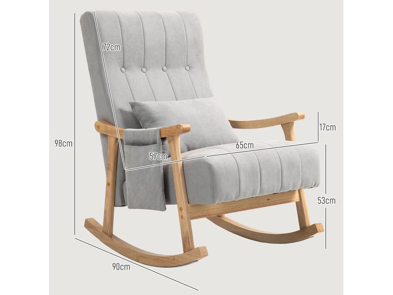 Fauteuil à bascule avec coussin lombaire et poches latérales, structure en bois, polyester gris, 65 × 90 × 98 cm  - Conforama D