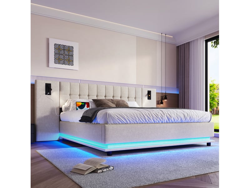  Lit 2 places rembourré 180x200 cm led usb en lin beige  - Conforama D