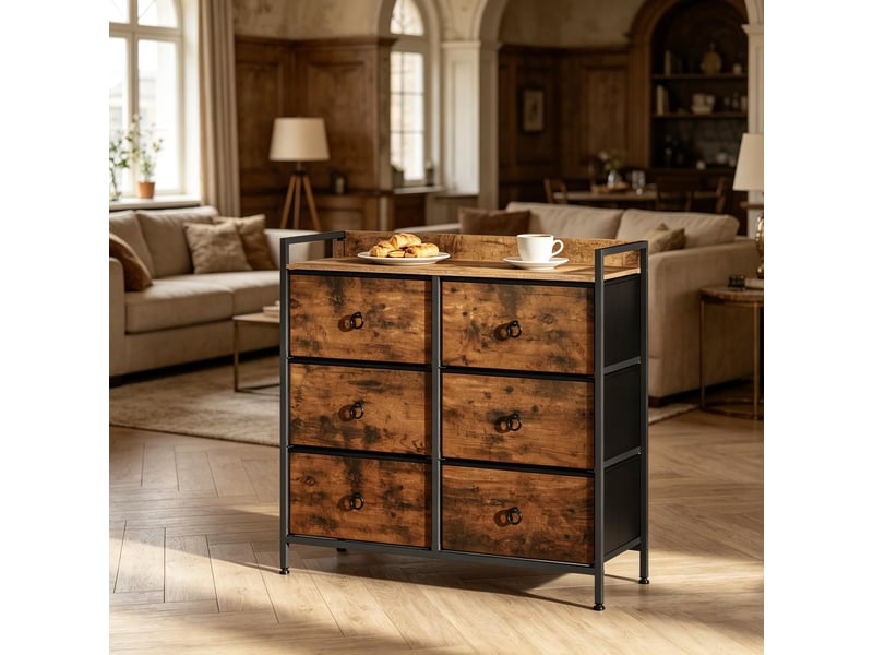  Commode, avec 6 tiroirs et structure métal et tiroirs en tissu, avec antibasculement, pour chambre, 80 × 29 × 78 cm  - Conforama D
