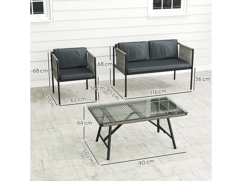 Salon de jardin avec 2 fauteuils, 1 canapé 2 places, 1 table basse et 7 coussins, rotin, acier et tissu gris - Conforama D