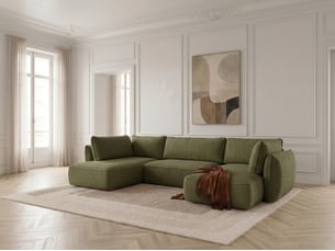 Canapé d'angle droit convertible <strong>BOBOCHIC</strong> <strong>ESMEE</strong> 5 places Tissu vert avec coffre de rangement