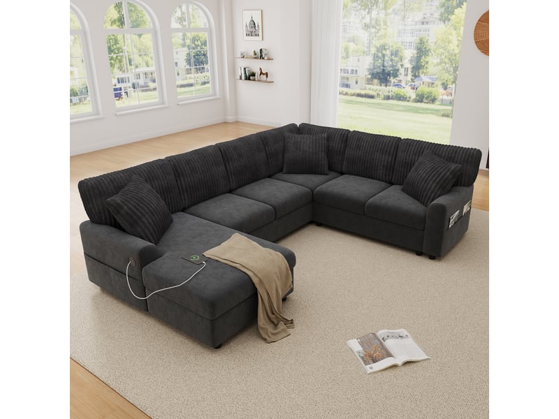  Canapé panoramique en u avec ports usb et type-c, 3 coussins, revêtement chenille et corduroy gris  - Conforama B