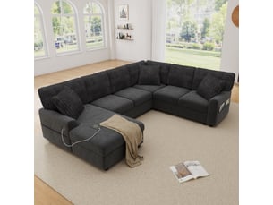 Canapé d'angle panoramique fixe OKMYHOME  6 places Velours côtelé gris