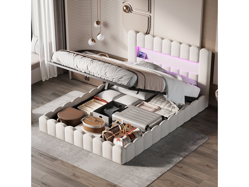  Lit double coffre - 140 x 200 cm-beige - en lin, avec tête de lit capitonnée , éclairage led, ports usb et vérins hydrauliques  - Conforama E