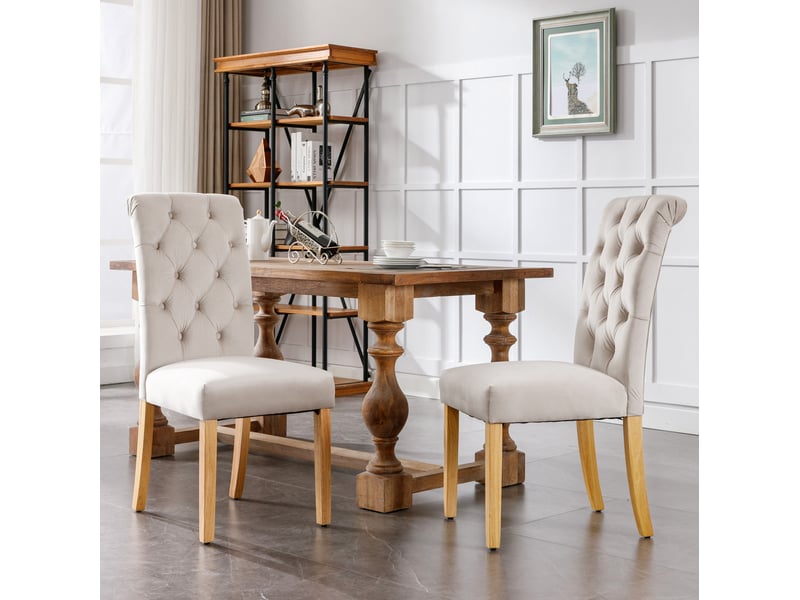  Ensemble de 6 chaises de salle à manger beige en velours, design à boutons, pieds en chêne  - Conforama E
