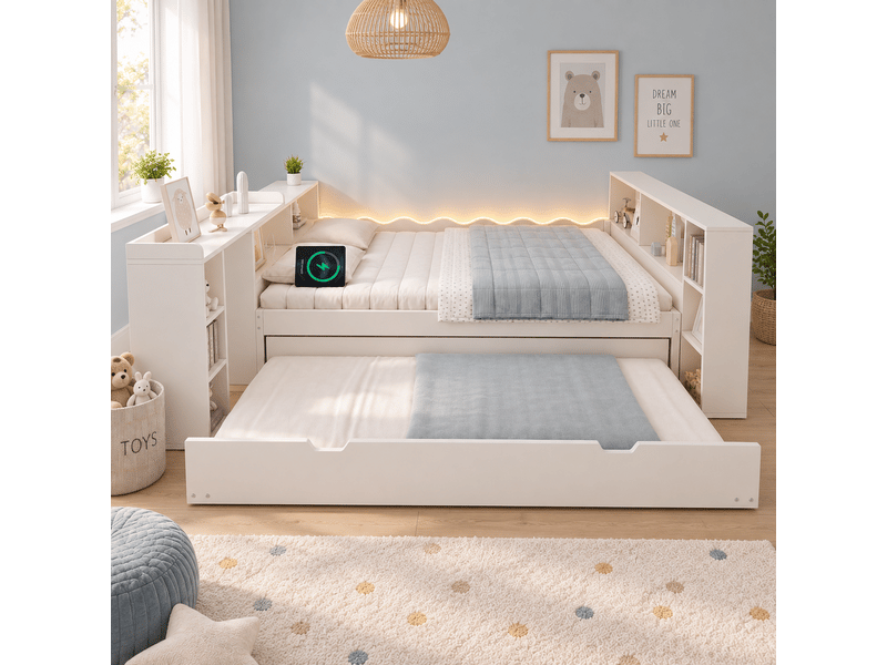  Canapé-lit 140x190cm - avec lit gigogne - avec éclairage led et prises de recharge - avec bureau extensible - blanc (matelas non inclus)  - Conforama D