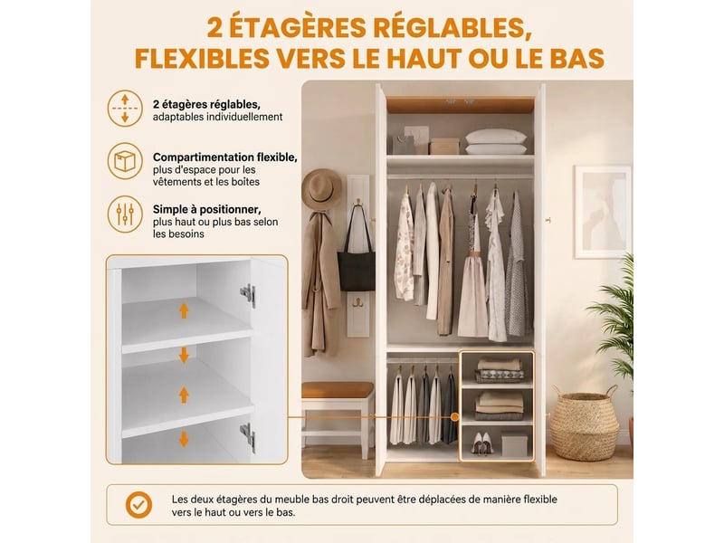  Armoire 1 porte avec penderie et 3 tiroirs, couleur chêne, portes en rotin, 45x47x200 cm  - Conforama R