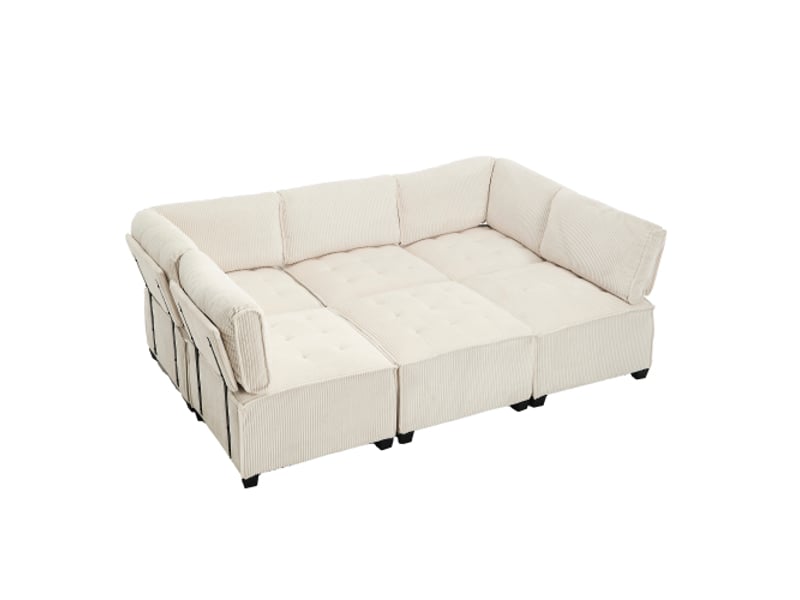  Canapé d'angle convertible, canapé 6 places, repose-pieds, en velours côtelé, beige  - Conforama D