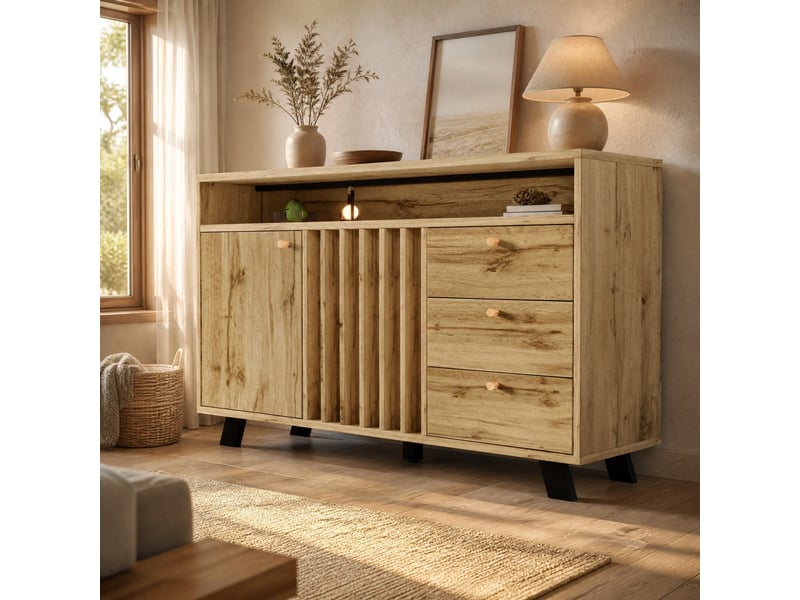 Buffet bas vintage 2 portes et 3 tiroirs chêne foncé 120 x 40 x 85 cm - Conforama B